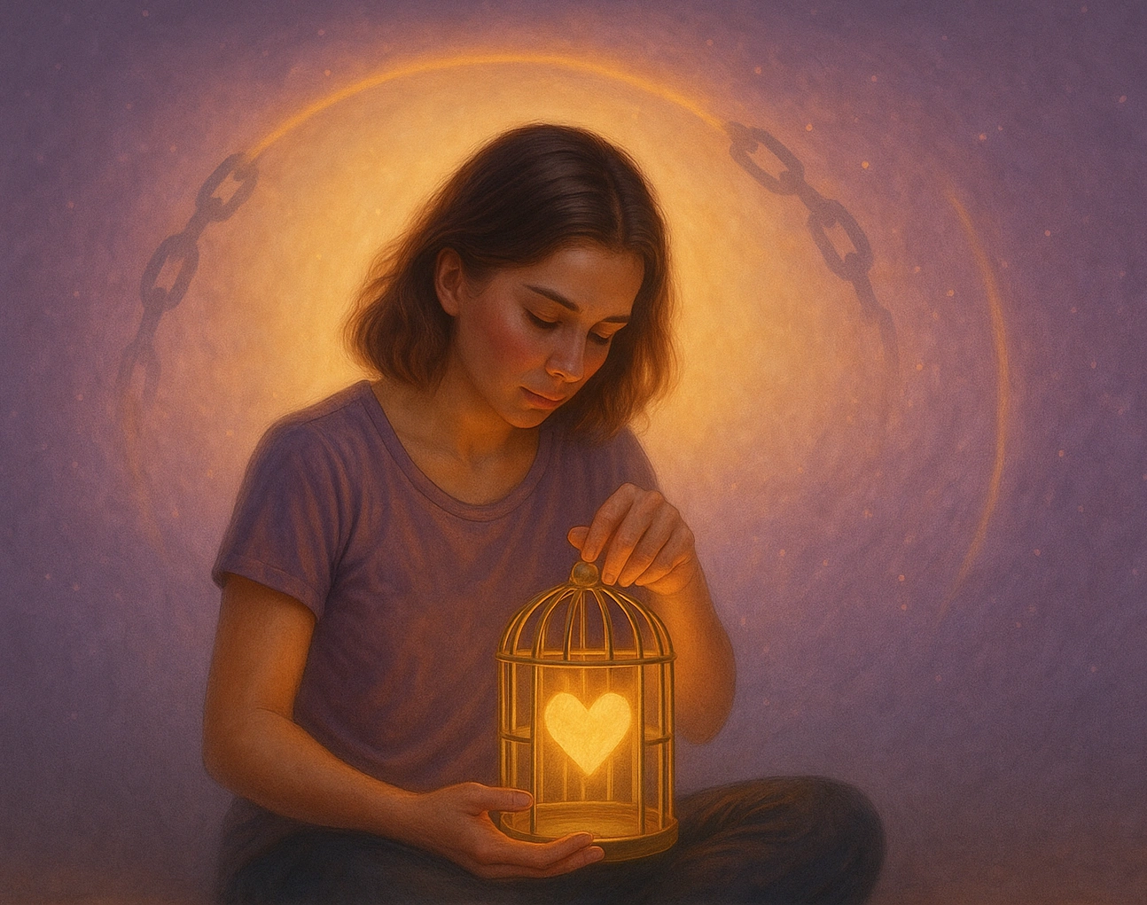 Jeune femme ouvrant symboliquement la cage de son propre cœur, libération d'une emprise affective